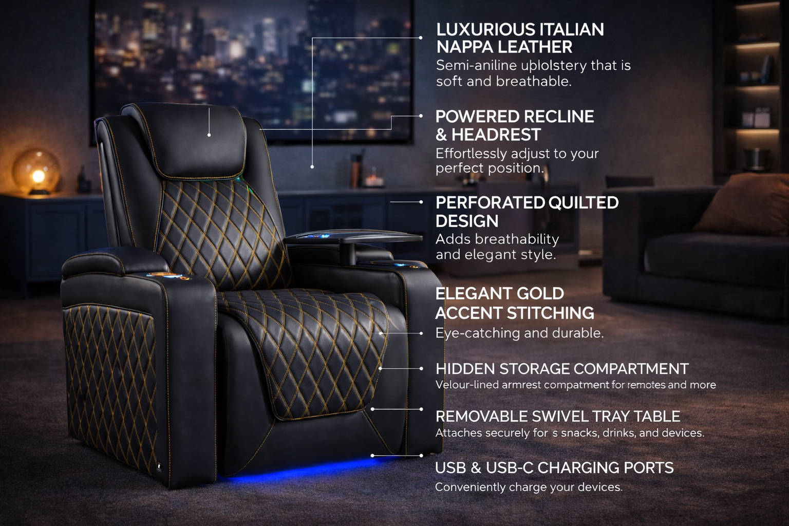 Valencia 2025 New Oslo Ultimate Luxury Leather Home Theater Seating Row of 2 Loveseat, Onyx with Gold Stitching